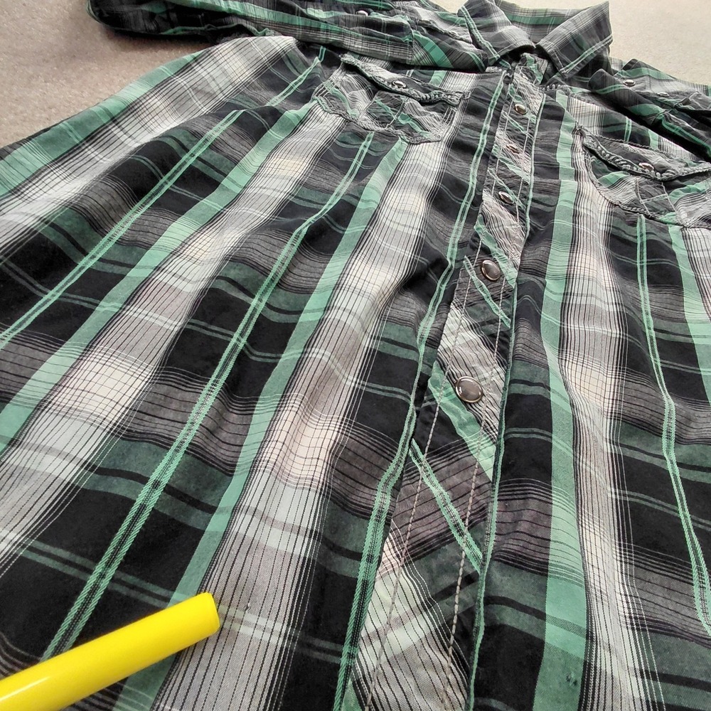 Rock & Roll Cowboy Shirt Men L Green Plaid Pearl Snap Thick Stitch Western Rodeo - Picture 14 of 16